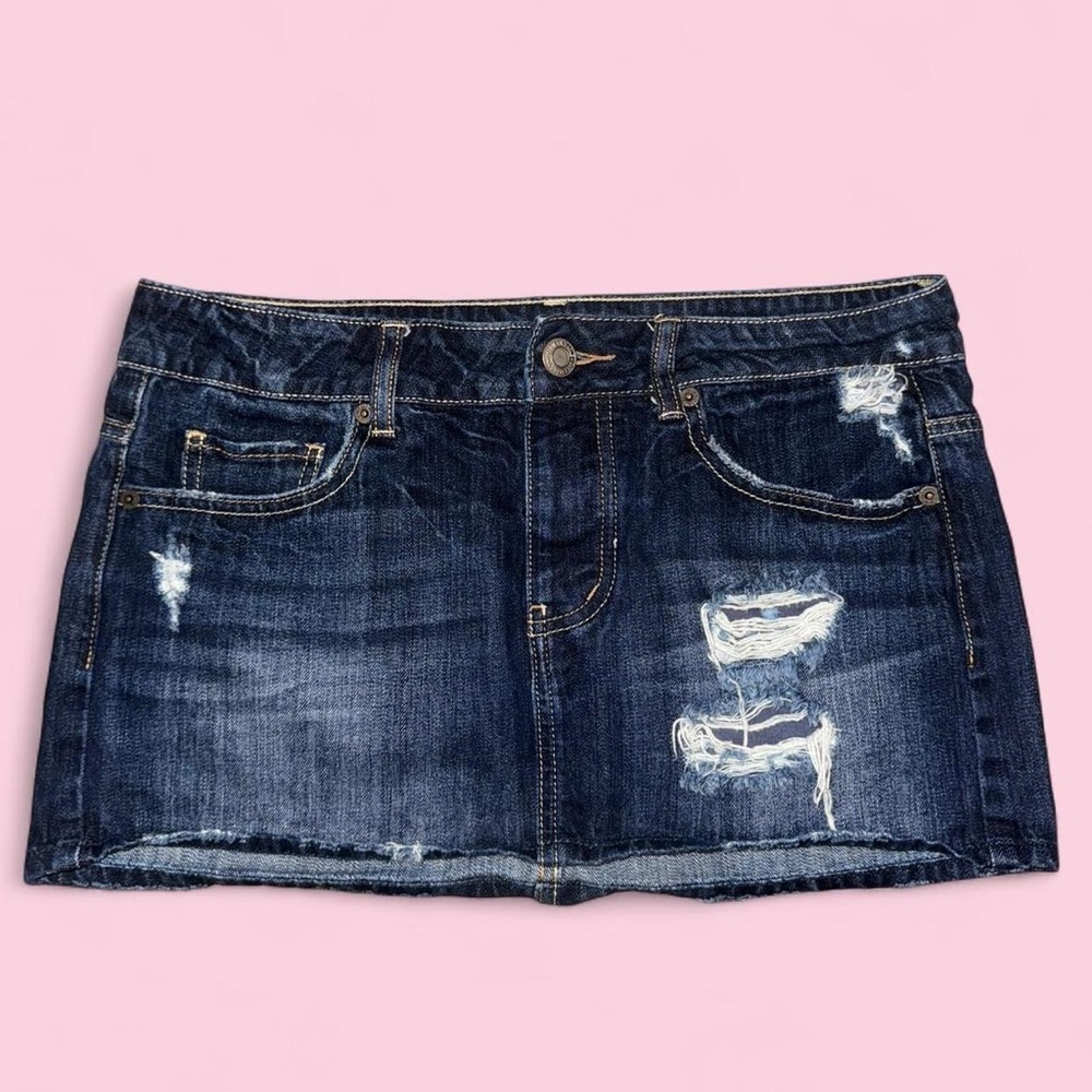 Y2K Distressed Low Waisted Jean Skirt Embellished with Silver Embroidery Pockets